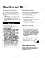 cc174453-b4-maintenance-10 Ford LS25-12.5G, 9861897: Gasoline and oil requirements, fuel tank filling procedure, and safety warnings for fuel handling.