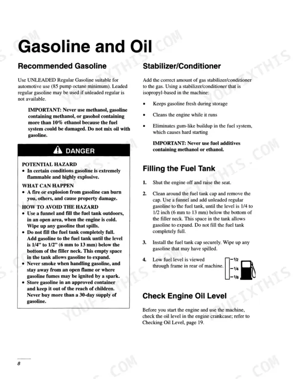 Ford LS25-12.5G, 9861897: Gasoline and oil requirements, fuel tank filling procedure, and safety warnings for fuel handling.