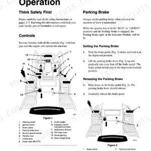 Ford LS25-12.5G, 9861897 operator manual page showing parking brake procedures and machine control diagrams.