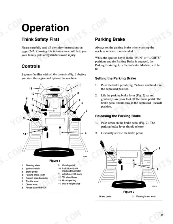 cc174453-b4-operations-11 Ford LS25-12.5G, 9861897 operator manual page showing parking brake procedures and machine control diagrams.