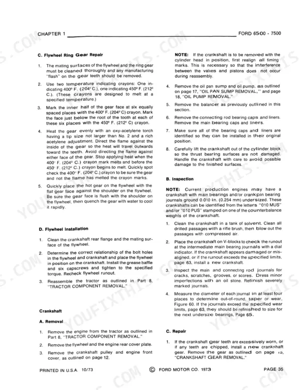 cd5aebe3-b-procedures-39 Ford 6500, 7500 service manual page covering flywheel ring gear repair, installation, and crankshaft removal, inspection, and repair.