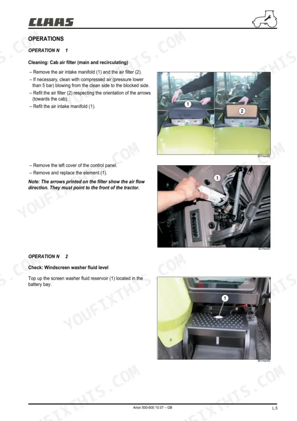 Claas ARION 510-640: Procedures for cleaning cab air filters and checking windscreen washer fluid level with component diagrams.