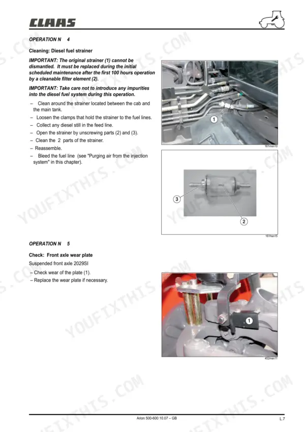 Claas ARION 510-640 manual: procedures for cleaning the diesel fuel strainer and checking the front axle wear plate.