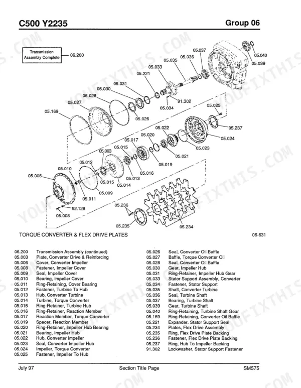clark-c500-series-lift-truck-service-manual-exploded-view-98.webp Clark C500 Y180-Y350 exploded view of torque converter and flex drive plates with component parts list.