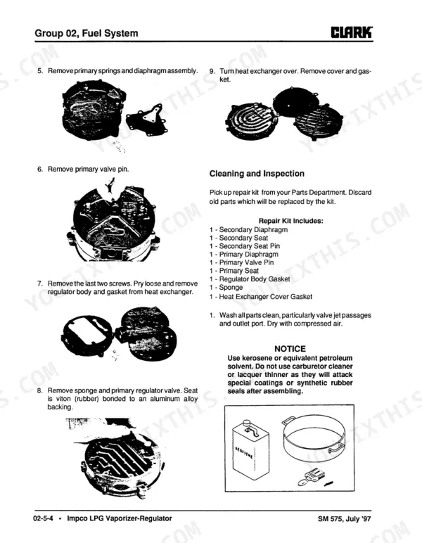 Clark C500 Y180-Y350 fuel system manual: Impco LPG vaporizer-regulator disassembly, cleaning, and inspection procedures.