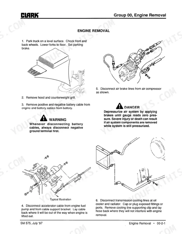Clark C500 Y180-Y350 engine removal procedure, showing air compressor, accelerator cable, and transmission cooling line disconnection steps.