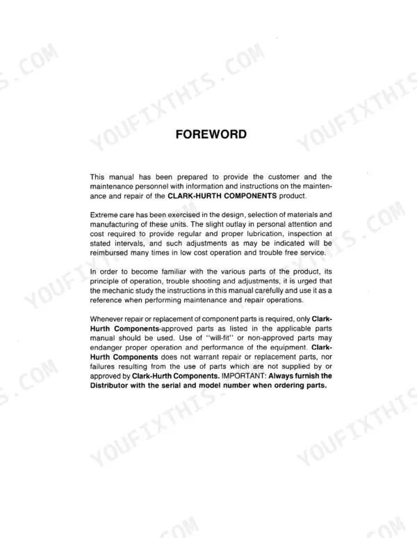 Clark C500 Y180-Y350 service manual foreword page detailing maintenance, repair instructions, and component part usage.