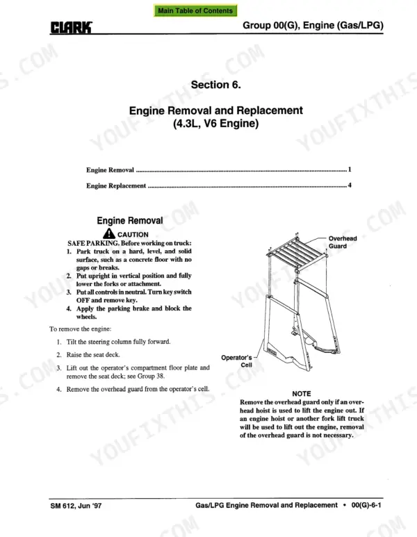 Clark CGC 40-70, CGP 40-70 manual: 4.3L V6 engine removal and replacement procedure, safety steps, and overhead guard diagram.