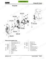 clark-cmp-15-variants-forklift-service-manual-procedures-59.webp Clark CMP 15-30 exploded view diagram of engine timing belt components, torque specifications, and removal and installation steps.
