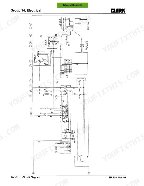 clark-cmp-15-variants-forklift-service-manual-wiring-170.webp Clark CMP 15-30 electrical system wiring diagram showing cranking motor, alternator, fuel shut-off solenoid, and fuse circuits.