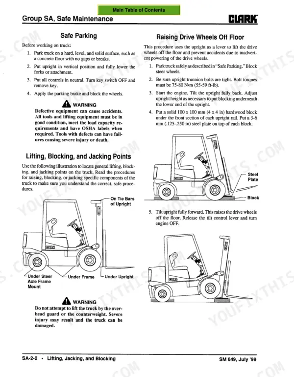 Clark CMP50/60/70 service manual page showing safe parking, lifting, blocking, and jacking point procedures.