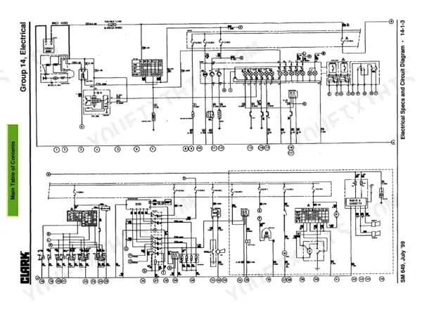clark-cmp50-cmp60-cmp70-forklift-service-manual-wiring-298.webp Clark CMP50/60/70 electrical wiring circuit diagram showing battery, fuses, EGS unit, and radio components.