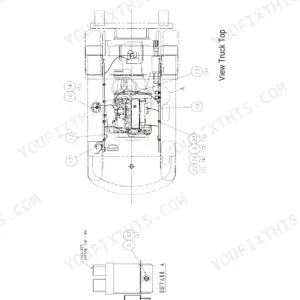 Clark CQ20, CQ25, CQ30 electrical system top view diagram showing component locations and Detail A.