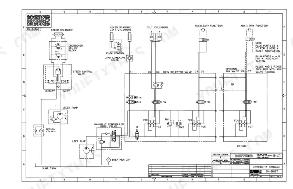 Clark ESM-II 12 thru 25 hydraulic diagram showing steer, lift, tilt cylinders, main selector valve, and auxiliary functions.