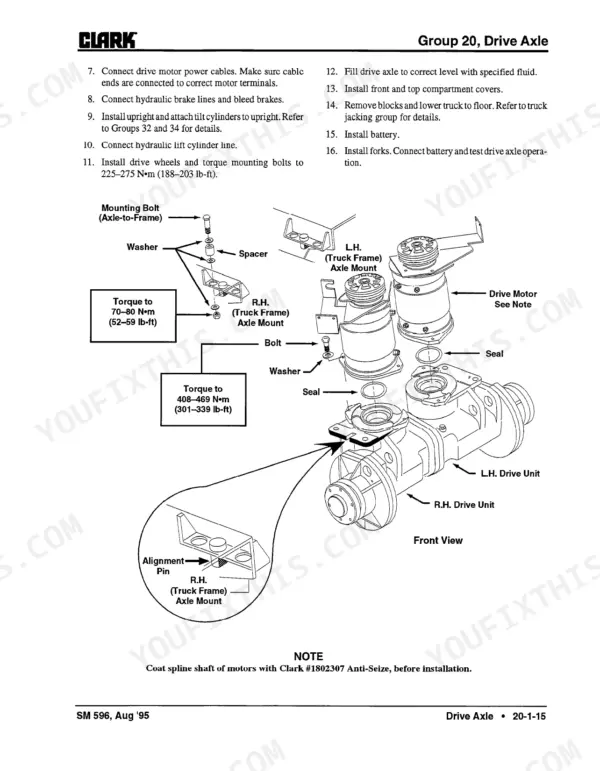 Clark ESM-II 12 thru 25 drive axle installation procedure, torque specs, and exploded view of drive unit and frame mounts.