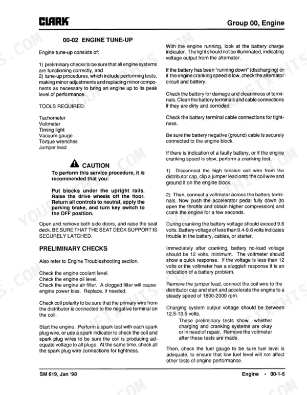 Clark G127/GP127/G127E/GP127E engine tune-up and battery testing procedures.