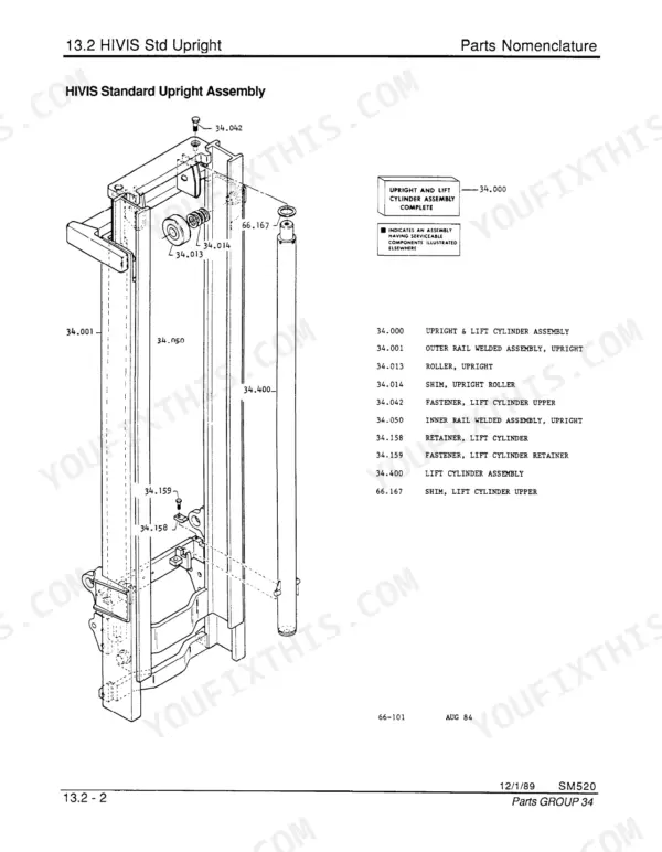 Clark GCS, GPS Series HIVIS Standard Upright assembly exploded view, parts list, and lift cylinder components.