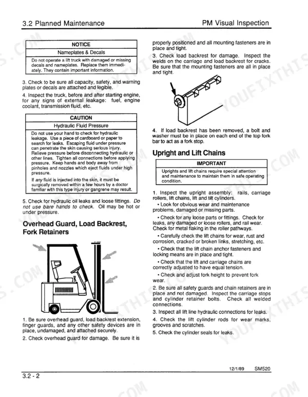 Clark GCS, GPS Series manual: Planned maintenance procedures for load backrest, upright, and lift chains.
