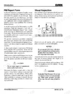 clark-gpx-30-variants-forklift-truck-service-manual-maintenance-12.webp Clark GPX 30-55 manual page showing PM report form, visual inspection procedures, and safety warnings for hydraulic leaks.