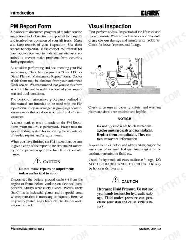 Clark GPX 30-55 manual page showing PM report form, visual inspection procedures, and safety warnings for hydraulic leaks.