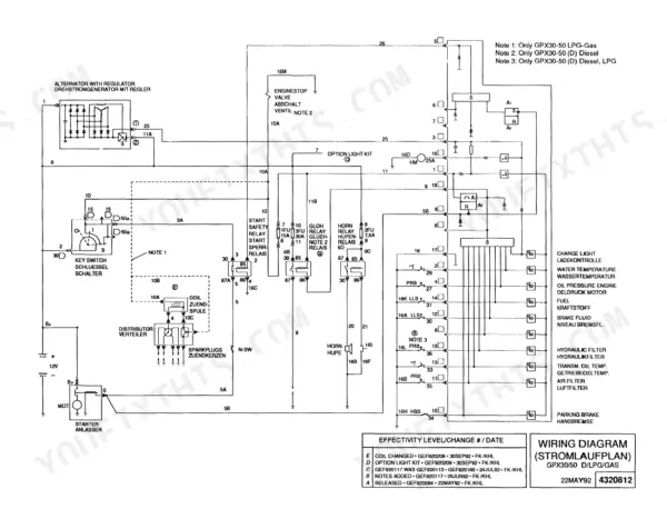 clark-gpx-30-variants-forklift-truck-service-manual-wiring-382.webp Clark GPX 30-55 wiring diagram showing alternator, key switch, starter, relays, and instrument panel warning light circuits.
