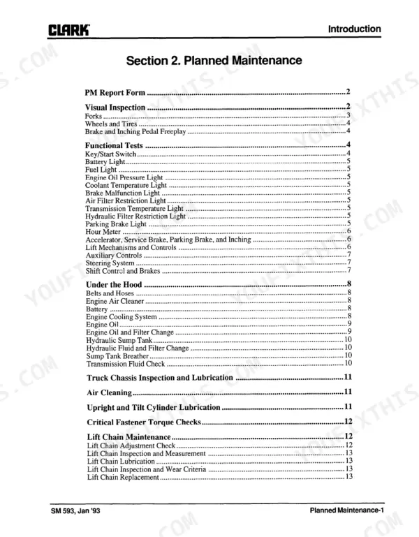 Clark GPX 35/40/50E service manual table of contents for Section 2 Planned Maintenance procedures and inspections.