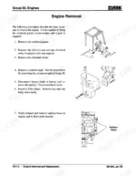 Clark GPX 35/40/50E engine removal procedure steps, overhead guard, counterweight, and radiator hose diagrams.