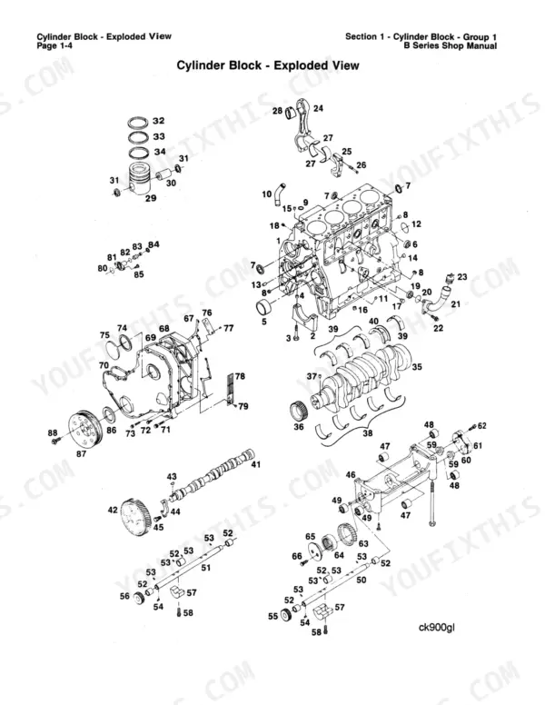 Cummins 4BT3.9, 6BT5.9 cylinder block exploded view diagram showing crankshaft, pistons, camshaft, and gear housing components.