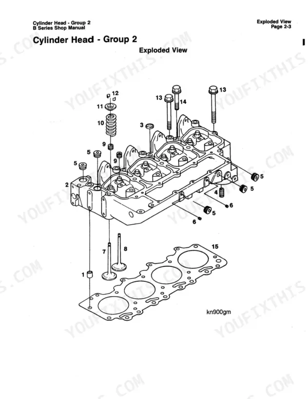 Cummins 4BT3.9, 6BT5.9 exploded view diagram of the cylinder head assembly, valves, springs, and head gasket.