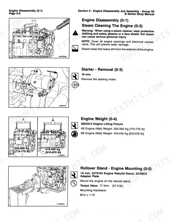 Cummins 4BT3.9, 6BT5.9 engine disassembly, steam cleaning, starter removal, engine weight, and rollover stand mounting procedures.