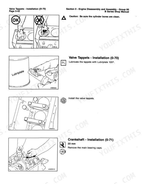 Cummins 4BT3.9, 6BT5.9 valve tappet installation and crankshaft main bearing cap removal procedures with illustrated steps.