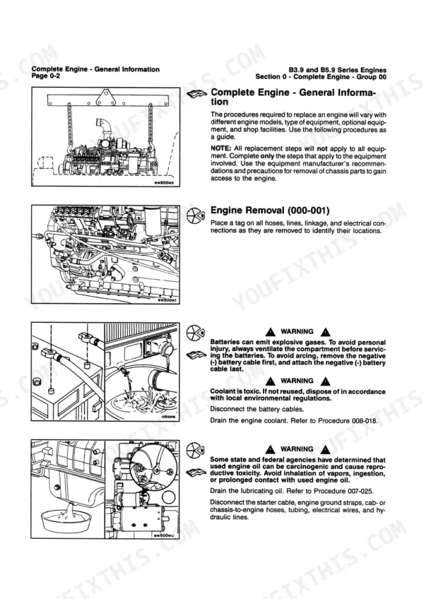 Cummins B3.9, B5.9 engine removal procedures, including battery disconnection, coolant draining, and oil removal diagrams.