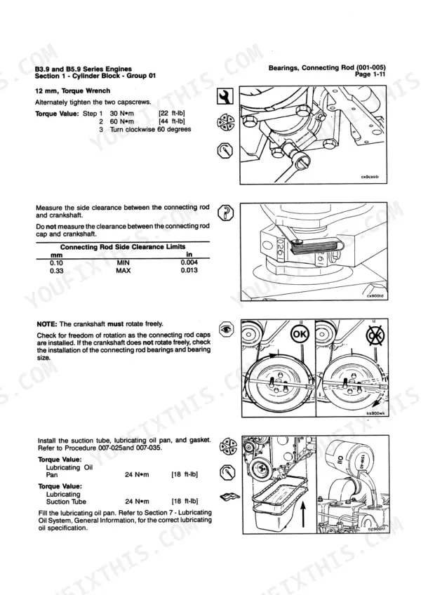 Cummins B3.9, B5.9 connecting rod bearing torque specs, side clearance limits, and oil pan installation procedure.