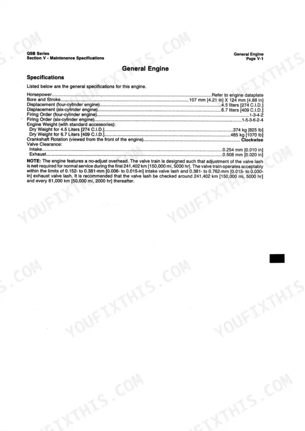 Cummins QSB4.5, QSB6.7 general engine specifications table including bore, stroke, firing order, weight, and valve clearance.
