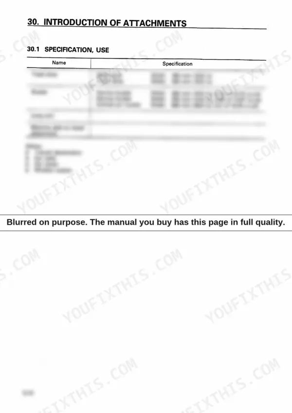 Komatsu PC50UU-2 attachment specifications table for track shoes, bucket widths, and optional equipment features.