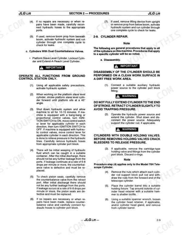 JLG 60H, 70H service manual procedures for hydraulic cylinder repair, disassembly, and counterbalance valve testing.