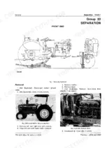 John Deere 2440, 2640 service manual page showing procedures for front end separation, muffler, screen, and hood removal.