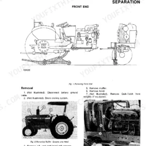 John Deere 2440, 2640 service manual page showing procedures for front end separation, muffler, screen, and hood removal.