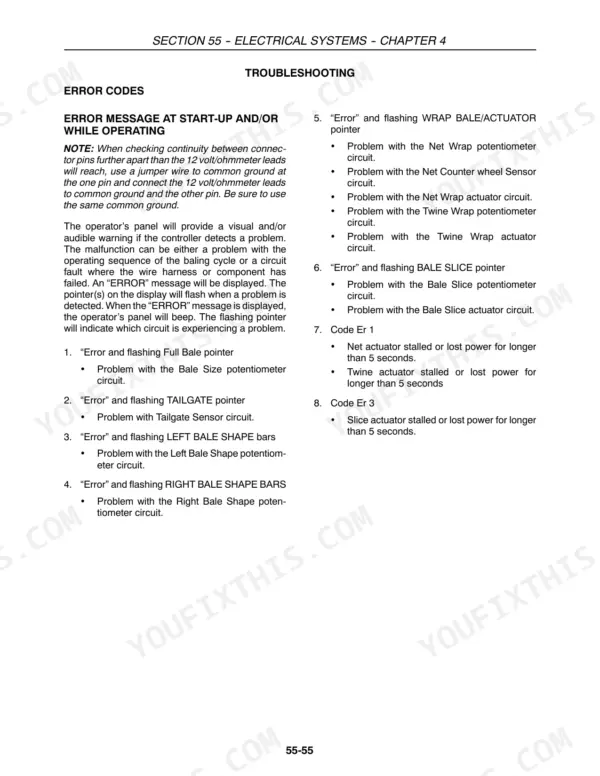 New Holland BR740A, BR750A, BR770A, BR780A electrical system troubleshooting guide for baler error codes and sensor faults.