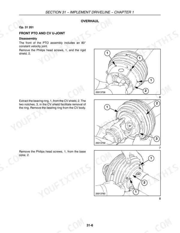 New Holland BR740A, BR750A, BR770A, BR780A front PTO and CV U-joint disassembly procedure with numbered component diagrams.