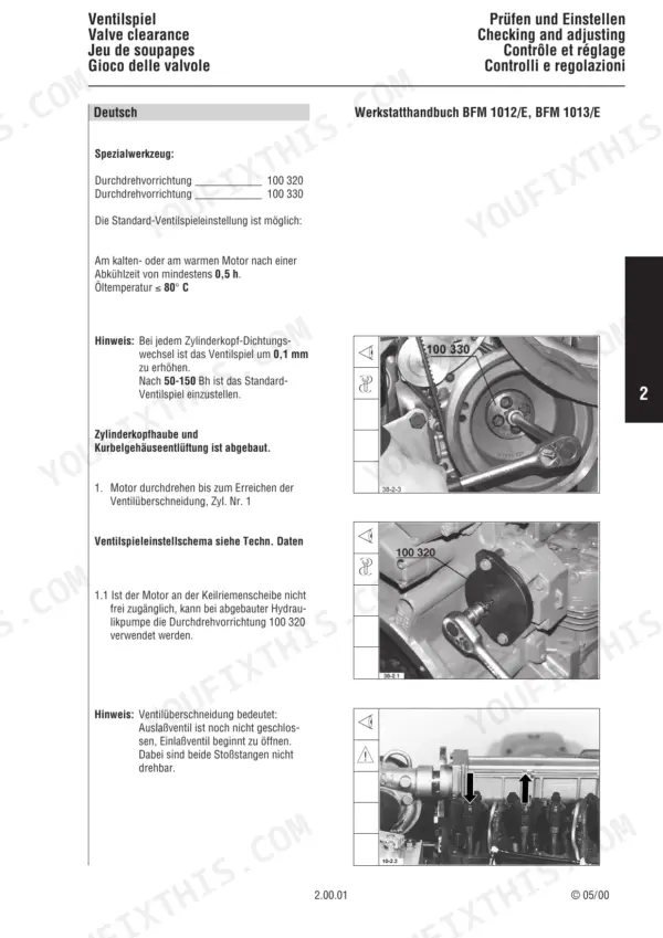 Deutz BFM 1012/1013 valve clearance adjustment procedure using turning tools 100 320 and 100 330.