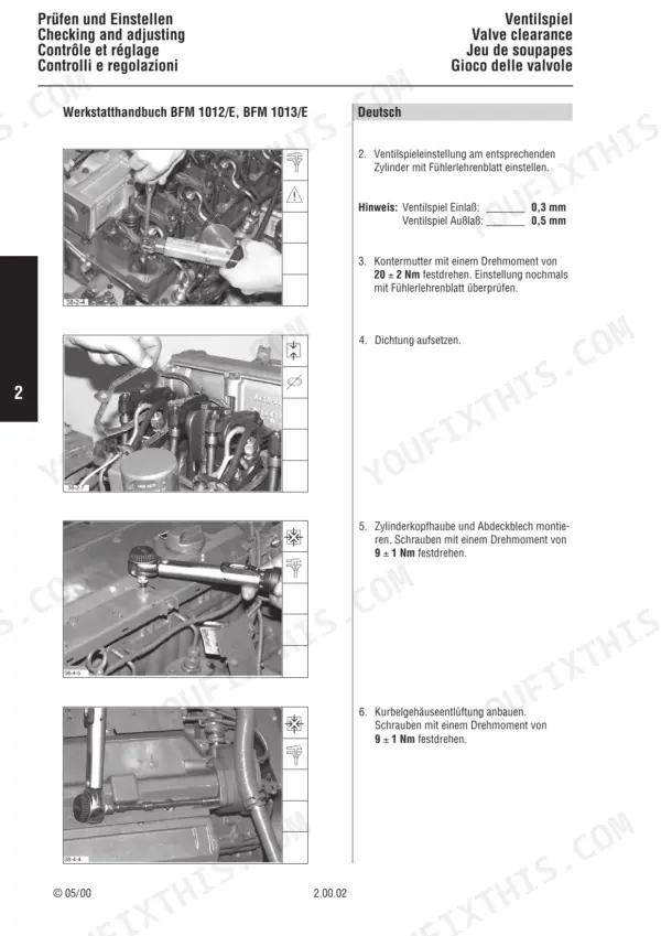 Deutz BFM 1012/1013 valve clearance adjustment procedure with torque specs.