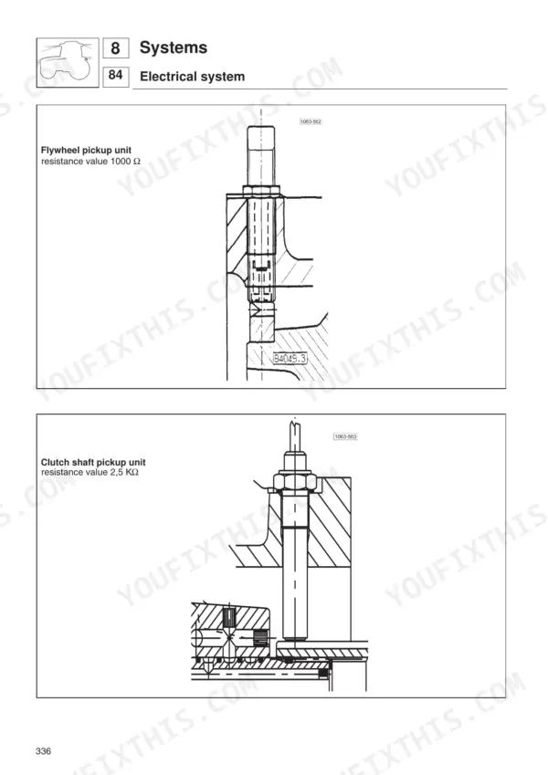 deutz-fahr-agroplus-75-agroplus-85-agroplus-95-agroplus-100-tractor-service-manual-page-336.webp Deutz-fahr Agroplus 75-100 electrical system diagrams showing flywheel and clutch shaft pickup unit resistance values.