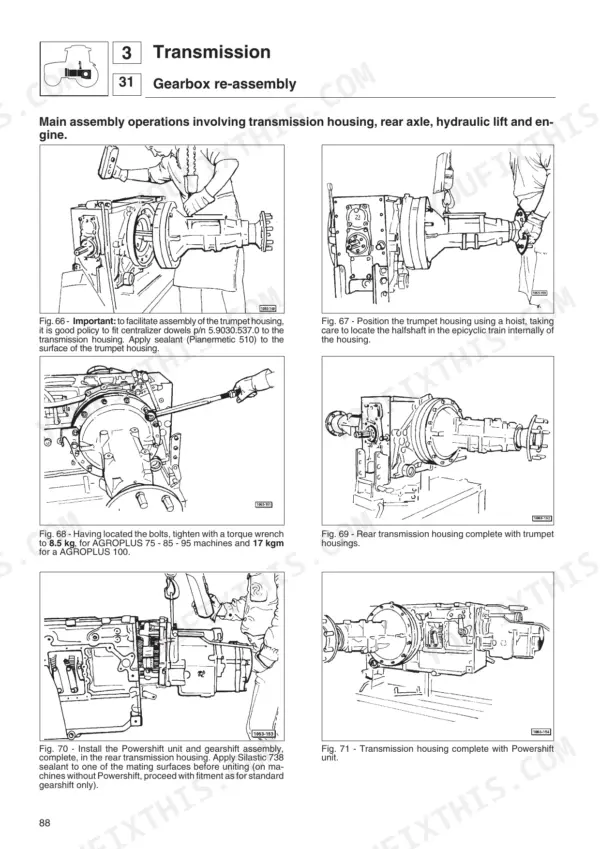 Deutz-fahr Agroplus 75, 85, 95, 100 transmission gearbox re-assembly procedures, trumpet housing installation, and torque specs.