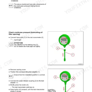 Deutz TCD 2.9 L4 crankcase breather pressure testing procedure using a test manometer and adapter components.