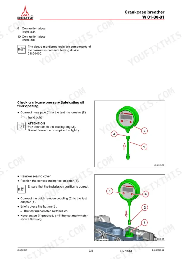 deutz-tcd-2-9-l4-engine-shop-manual-0312-5201-en-procedures-27.webp Deutz TCD 2.9 L4 crankcase breather pressure testing procedure using a test manometer and adapter components.