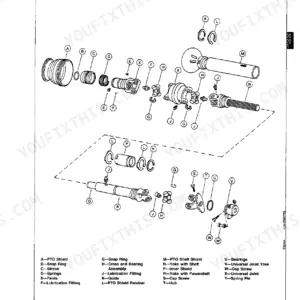 John Deere 335, 375, 385, 435, 535 exploded view diagram of the PTO unit with shear bolt and component parts list.
