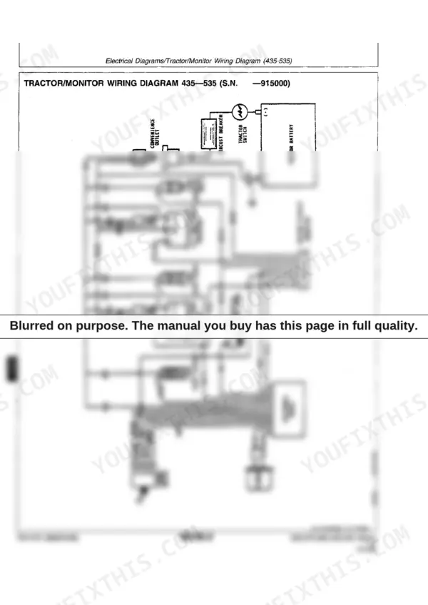 John Deere 335, 375, 385, 435, 535 tractor and monitor wiring diagram showing electronic module, bale indicators, and battery.
