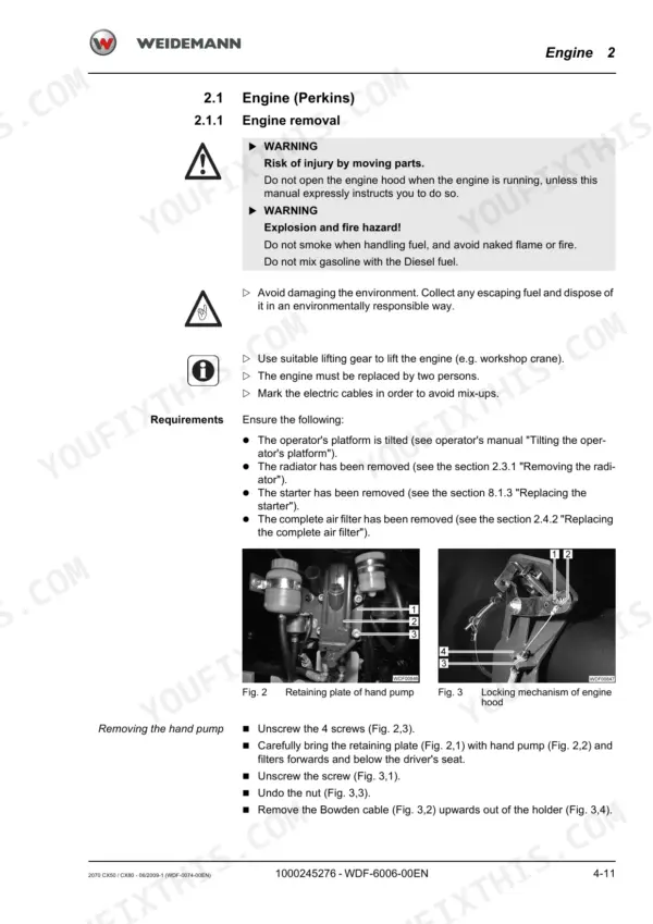 Weidemann 2070 CX50, 2070 CX80 Perkins engine removal procedure, hand pump retaining plate, and engine hood locking mechanism diagrams.