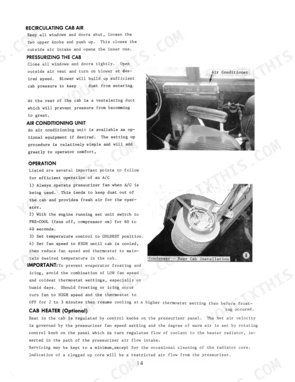 Versatile 800, 850 operator manual page showing cab air conditioning and heater operation procedures, controls, and component photos.